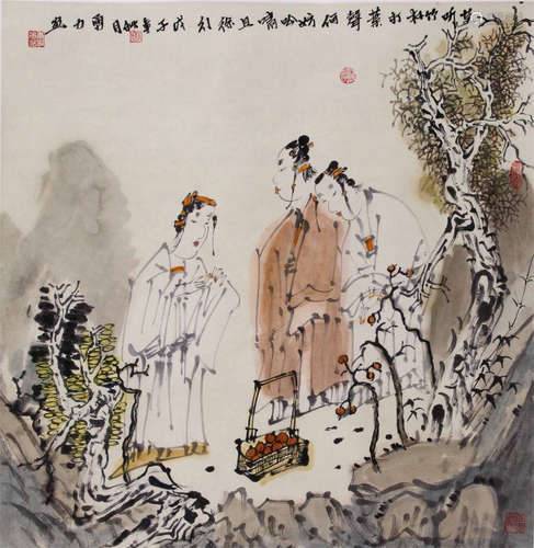 CHINESE SCROLL PAINTING OF PEOPLE IN WOOD