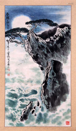 CHINESE SCROLL PAINTING OF MOUNTAIN VIEWS UNDER MOON