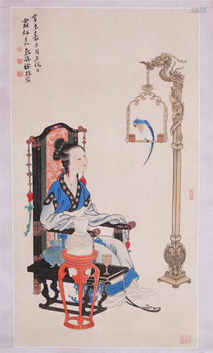 CHINESE SCROLL PAINTING OF BEAUTY WITH BIRD