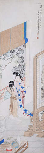 CHINESE SCROLL PAINTING OF BEAUTY IN GARDEN