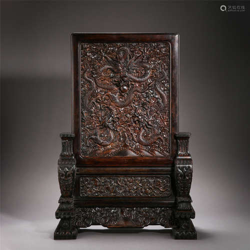 CHINESE HARDWOOD ZITAN DRAGON PLAQUE TABLE SCREEN