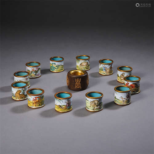 TWEELVE CHINESE ZODICIAL ANIMAL ENAMEL ARCHER'S RINGS