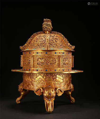 LARGE CHINESE GILT BRONZE TRIPLE ELEPHANT TRUNK FEET DRAGON LIDDED INCENSE CAGE