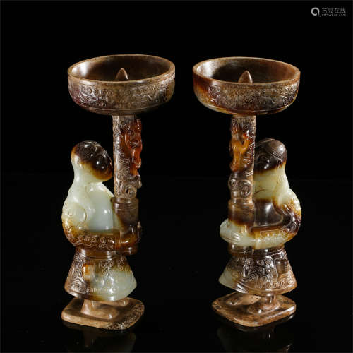 PAIR OF CHINESE ANCIENT JADE BOY OIL LIGHTER