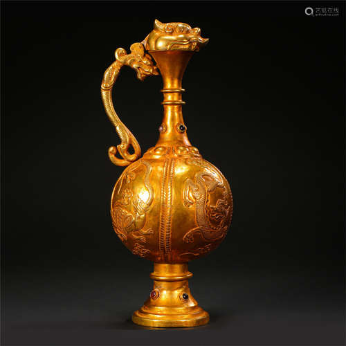 CHINESE GILT BRONZE BIRD HANDLE KETTLE