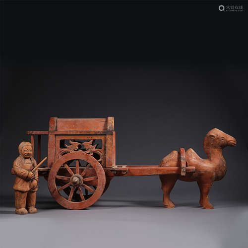 CHINESE CYPRESS CART WITH HORSE TABLE ITEM