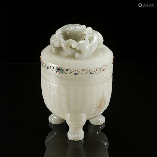 CHINESE GEM STONE INLAID DRAGON LIDDED TRIPLE FEET CENSER