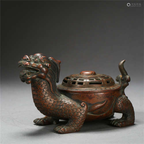 CHINESE BRONZE BEAST LIDDED INCENSE CAGE