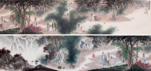 CHINESE HAND SCROLL PAINTING OF MEN IN WOOD