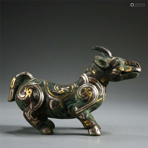 CHINESE SILVER GOLD INLAID BRONZE OX TABLE ITEM