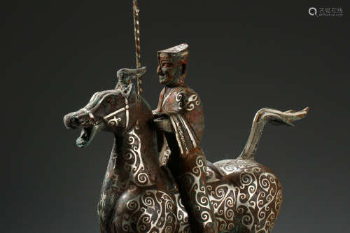 CHINESE SILVER INLAID BRONZE WARRIOR ON HORSE