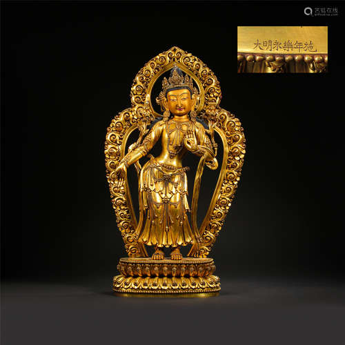 CHINESE GILT BRONZE STANDING BUDDHA ON LOTUS NICHE