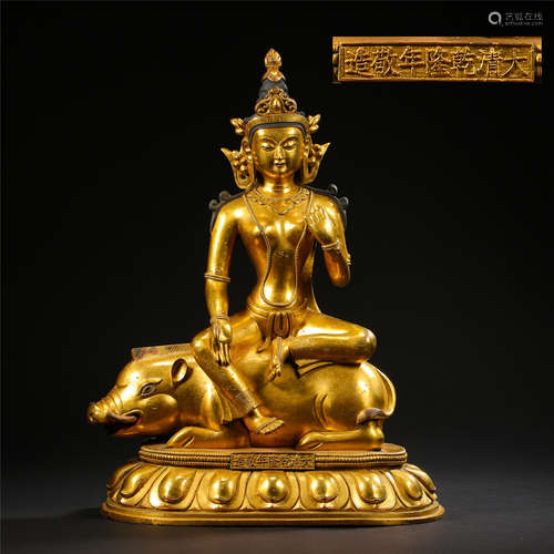 CHINESE GILT BRONZE SEATED BUDDHA ON ROAR