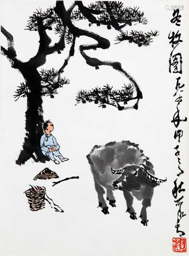 CHINESE SCROLL PAINTING OF BOY AND OX UNDER TREE WITH PUBLICATION