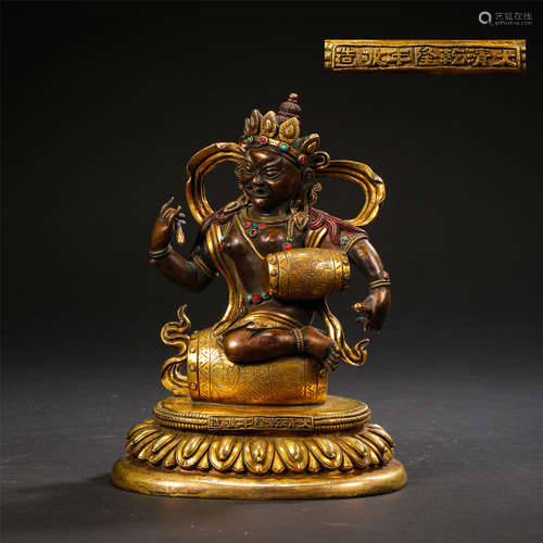 TIBETAN GEM STONE INLAID GILT BRONZE SEATED BUDDHIST GUARDIAN