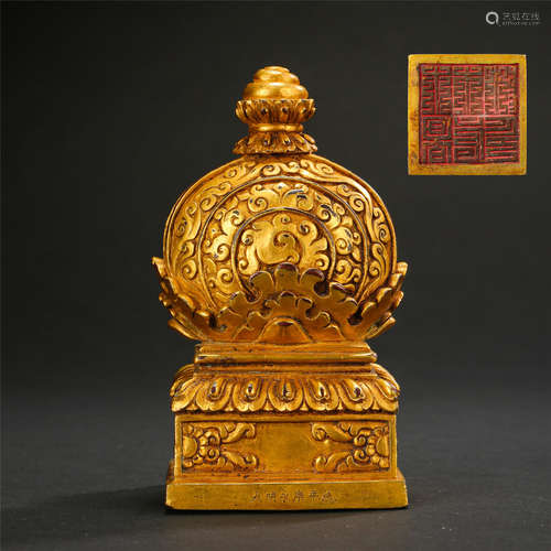 TIBETAN GILT BRONZE BUDDHIST TOWER OFFICIAL SEAL