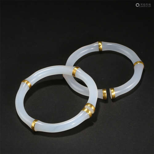 CHINESE GOLD MOUNTED AGATE BAMBOO BANGLE