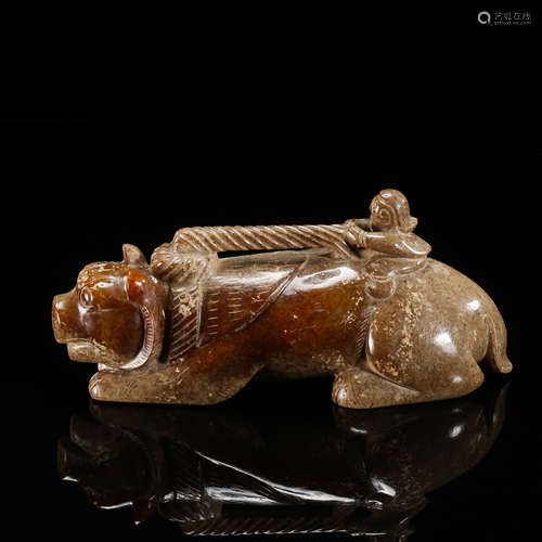 CHINESE ANCIENT JADE BOY ON BEAR TABLE ITEM