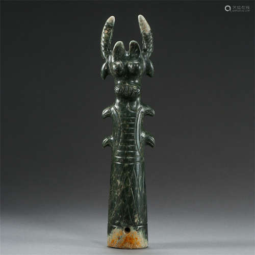 CHINESE SPINACH JADE STANDING OX FIGURE