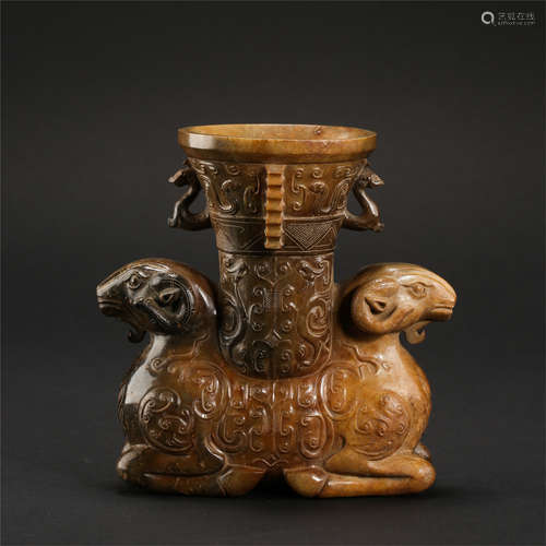 CHINESE ANCIENT JADE DOUBLE RAMS WITH VASE