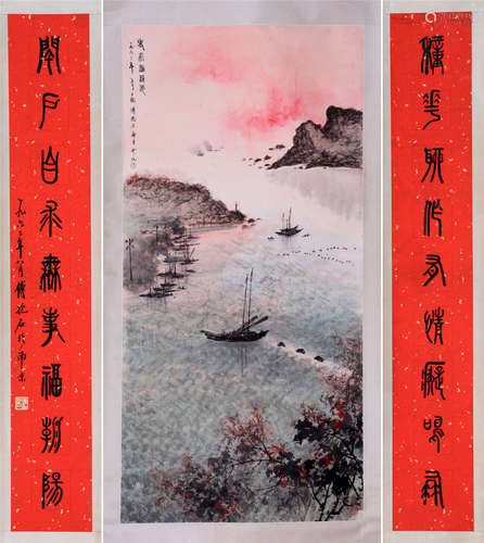 CHINESE SCROLL PAINTING OF RIVER VIEW WITH CALLIGRAPHY COUPLET