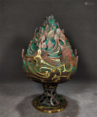 CHINESE GOLD INLAID BRONZE BOSHAN CENSER