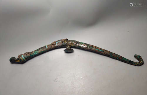 CHINESE TURQUOISE INLAID BRONZE DRAGON BELT HOOK