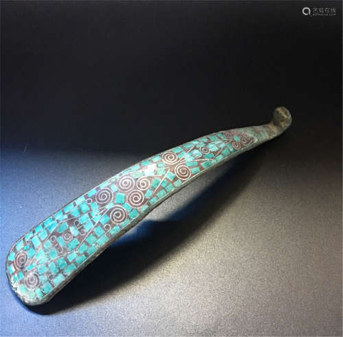 CHINESE TURQUOISE SILVER INLAID BRONZE DRAGON BELT HOOK