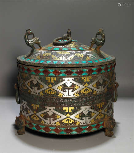 CHINESE TURQUOISE SILVER GOLD INLAID LIDDED ROUND CENSER