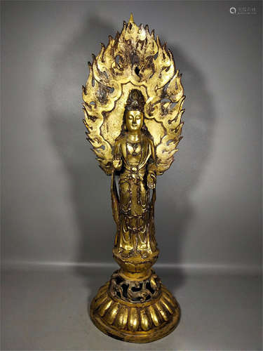 CHINESE GILT BRONZE STANDING GUANYIN