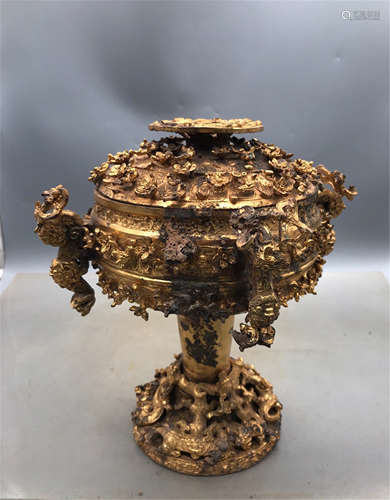 CHINESE GILT BRONZE BEAST HANDLE LIDDED DOU CENSER