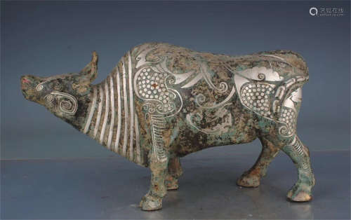 CHINESE SILVER INLAID BRONZE OX TABLE ITEM