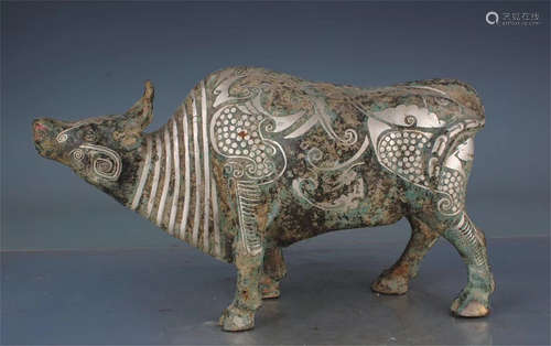 CHINESE SILVER INLAID BRONZE OX TABLE ITEM