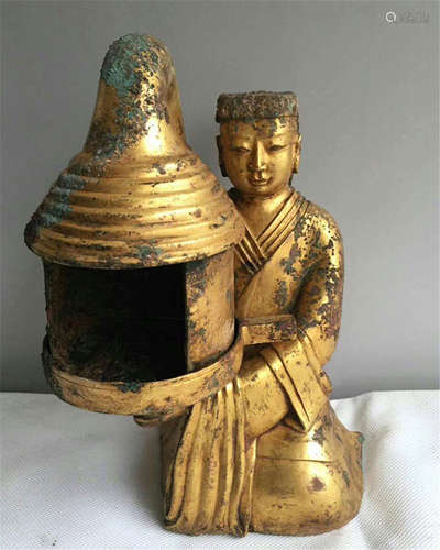 CHINESE GILT BRONZE KNEELED BOY WITH LIGHTER