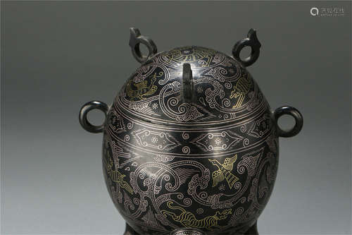 CHINESE SILVER GOLD INLAID BRONZE BIRD LIDDED DING