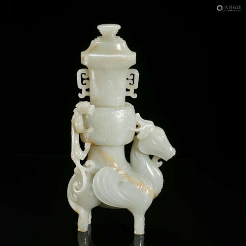 CHINESE CELADON JADE DEER WITH LIDDED VASE