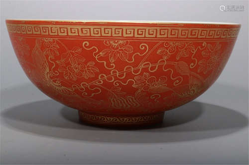 CHINESE PORCELAIN RED GLAZE GOLD PAINTED FLOWER BOWL