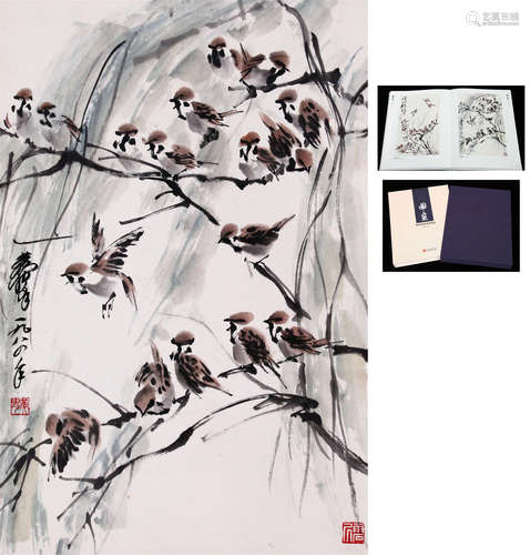 CHINESE SCROLL PAINTING OF BIRDS ON WILLOW WITH PUBLICATION