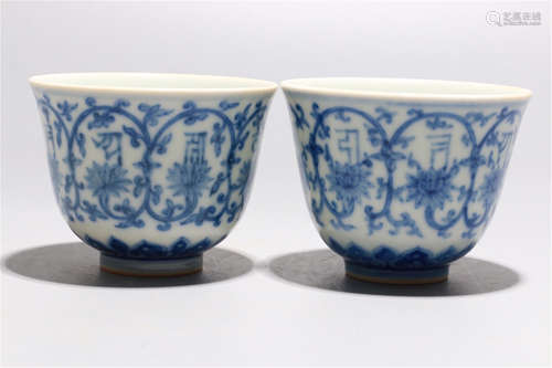 PAIR OF CHINESE PORCELAIN BLUE AND WHITE FLOWER CUPS