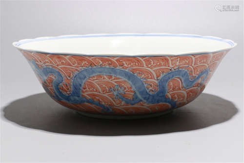 CHINESE PORCELAIN BLUE AND WHITE IRON RED DRAGON BOWL