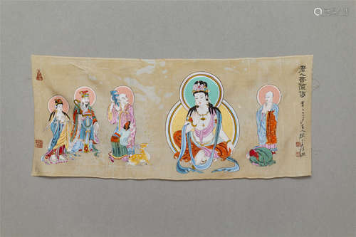 CHINESE SCROLL PAINTING OF SEATED GUANYIN AND BUDDHA