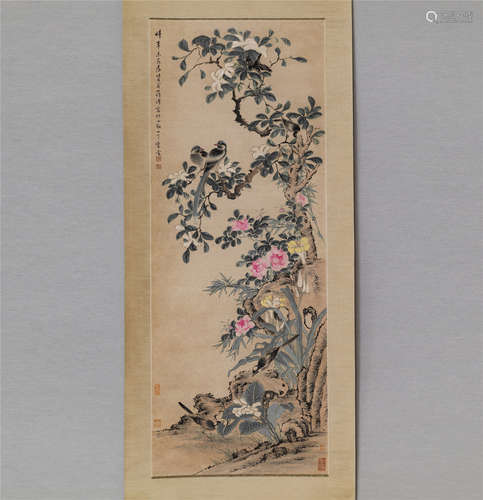 CHINESE SCROLL PAINTING OF FLOWER AND ROCK