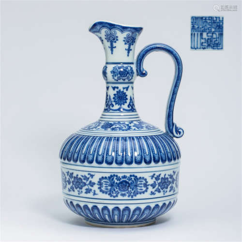 CHINESE PORCELAIN BLUE AND WHTIE FLOWER HANDLE KETTLE