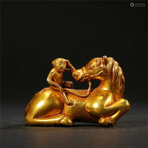 CHINESE GILT BRONZE MONKEY AND HORSE TABLE ITEM