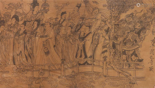 CHINESE SILK PAINTING OF MEN GATHERING