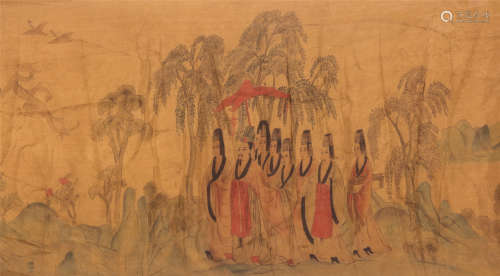 CHINESE SILK PAINTING OF MEN IN WOOD