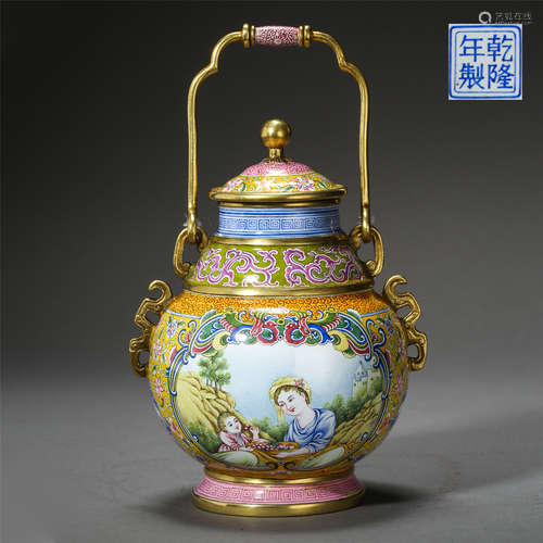 CHINESE ENAMEL LONG HANDLE WESTERN BEAUTY LIDDED ZUN