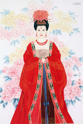 CHINESE SCROLL PAINTING OF BEAUTY WITH PONEY FLOWER