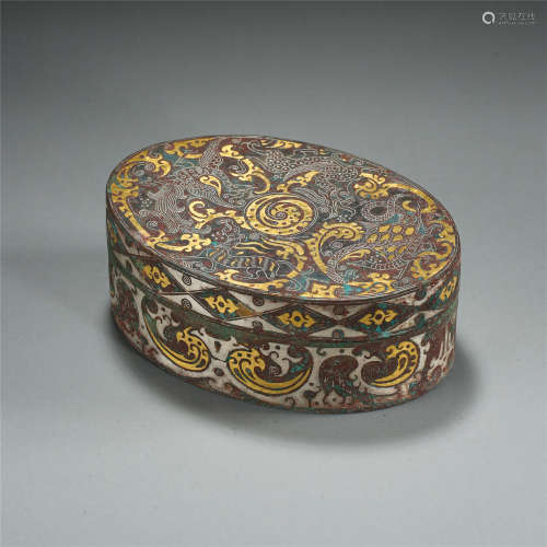 CHINESE SILVER GOLD INLAID BRONE LIDDED OVAL BOX