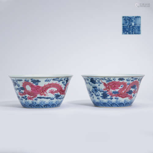 PAIR OF CHINESE PORCELAIN BLUE AND WHITE IRON RED DRAGON BOWLS